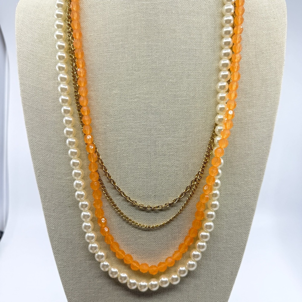 Multi-Strand Faux Pearl Orange Bead Necklace Gold Tone Layered Statement Gift